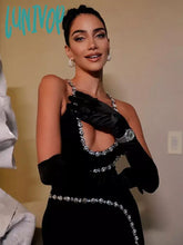 Lunivop New Women Luxury Sexy Backless Sequined Sparkly Split Black Midi Bodycon Bandage Dress